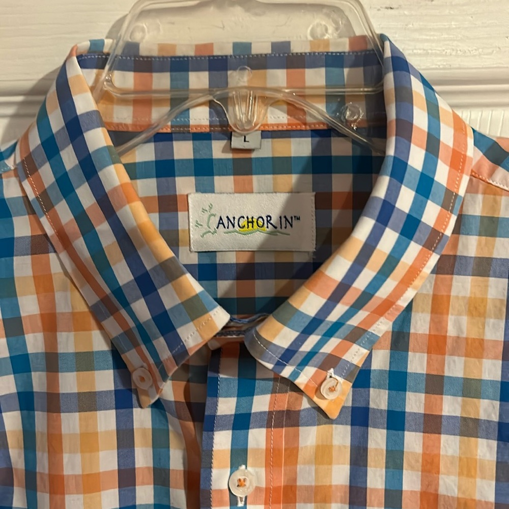 Men’s L White, Orange, Blue 100% cotton Long sleeve button down EUC